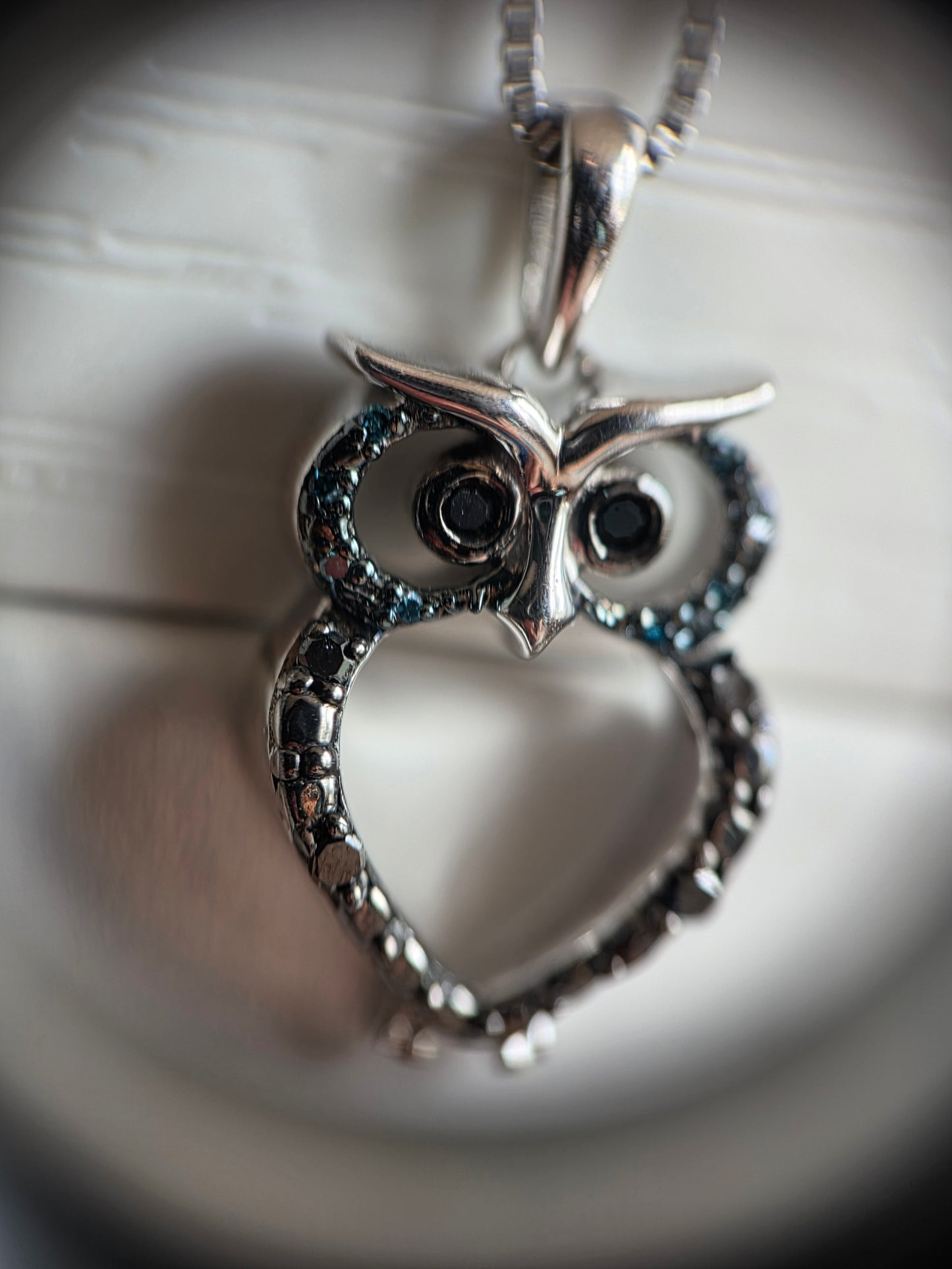 Adorable Black & Blue Diamond Accented Owl Sterling Silver Pendant Necklace 18" Box Chain