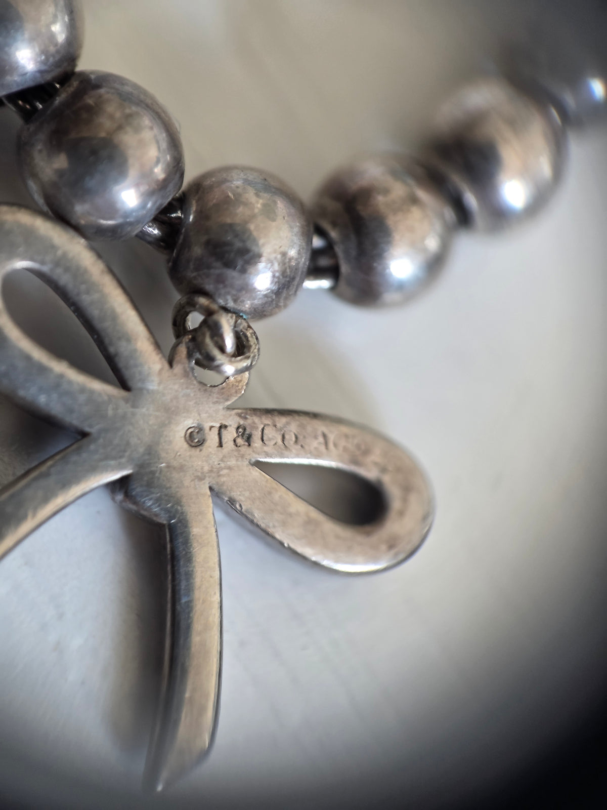 Vintage 925 Sterling Silver Tiffany&Co Bow Dangle Beaded Bracelet 6.25"