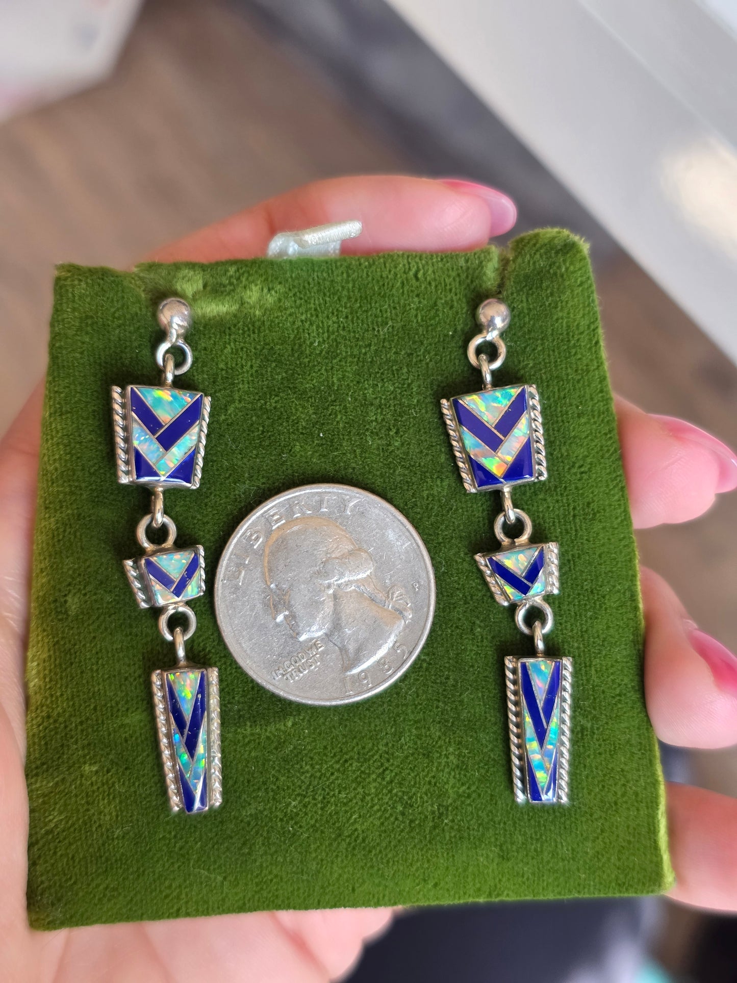 Beautiful Sterling Silver Lapis Lazuli & Opal Inlay Geometric Zuni Dangle Statement Earrings