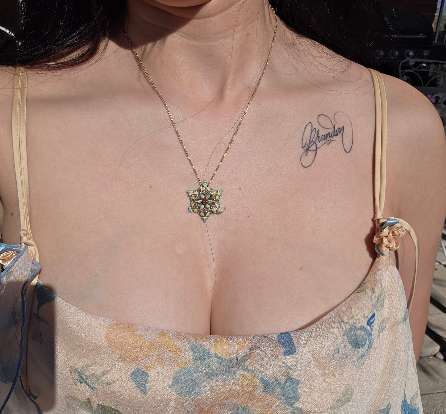 Pretty 10k Gold Enamel Seed Pearl and Garnet Star Brooch (NO CHAIN)