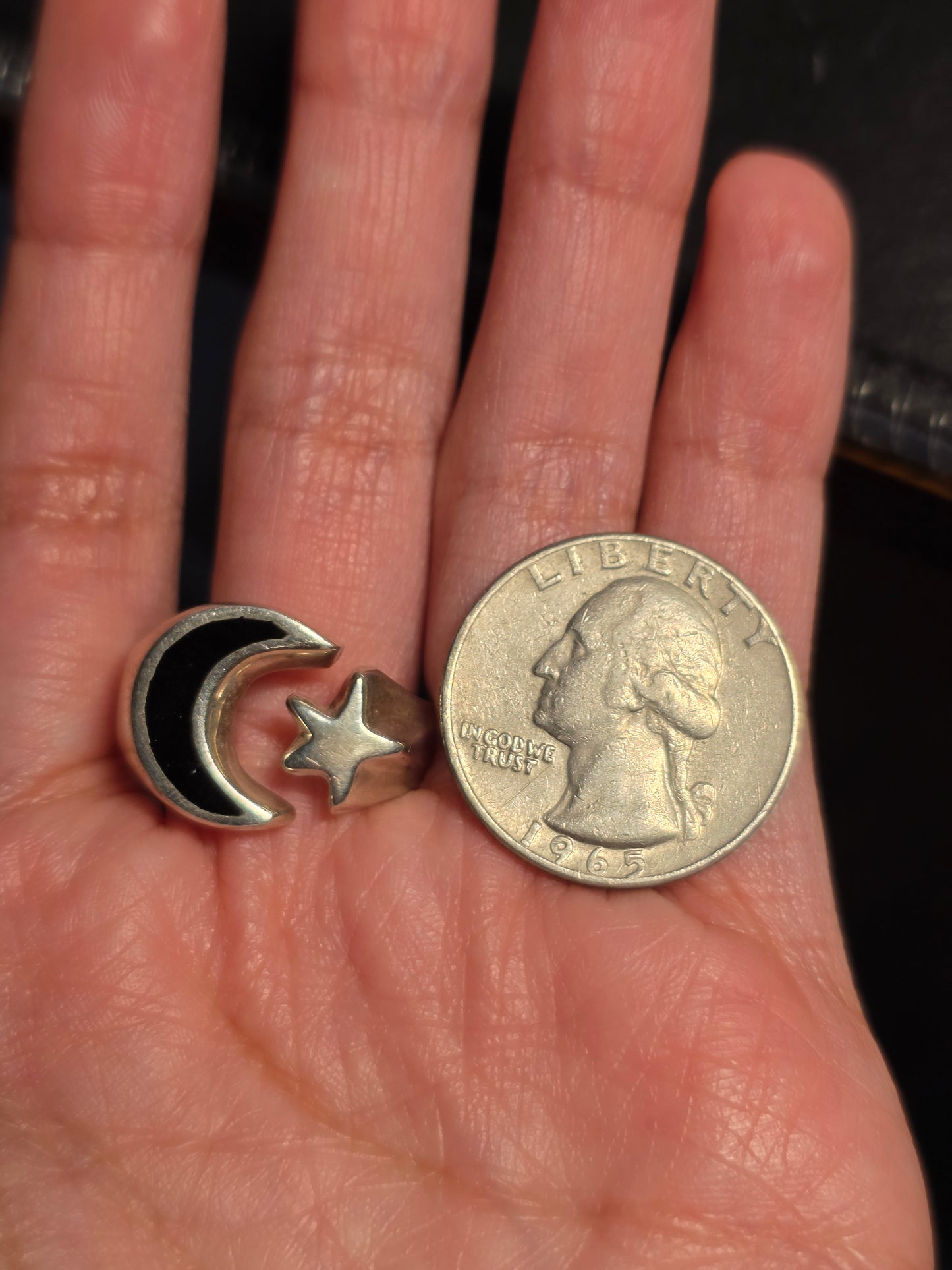 Sterling Silver Black Enamel Crescent Moon and Star Statement Ring Size 10