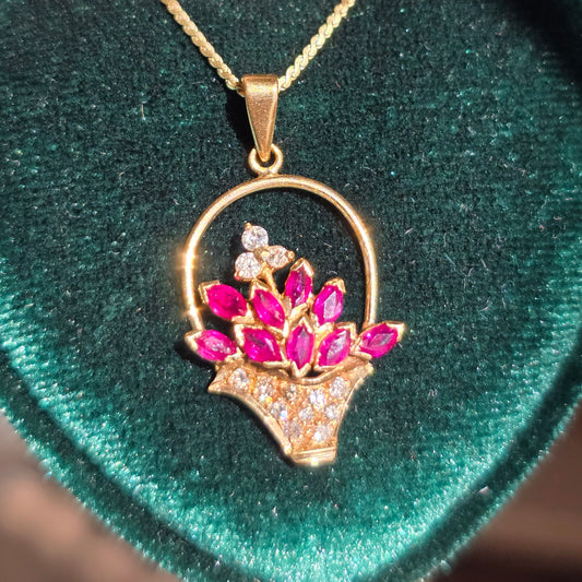 Pretty 14k Gold .82TCW Ruby & Diamond Flowers Basket Pendant (NO CHAIN)