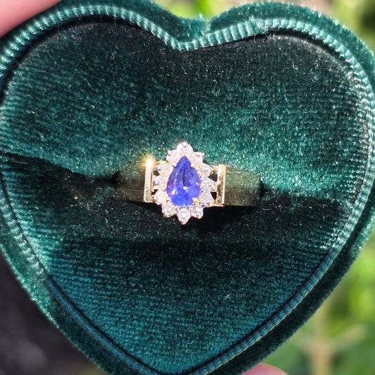Beautiful 14k Gold Tanzanite and Diamond Halo Statement Ring Size 7