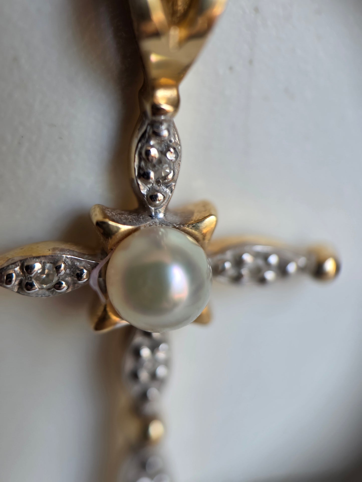 Pretty Pearl and Diamond 14k Gold Cross Pendant (NO CHAIN)