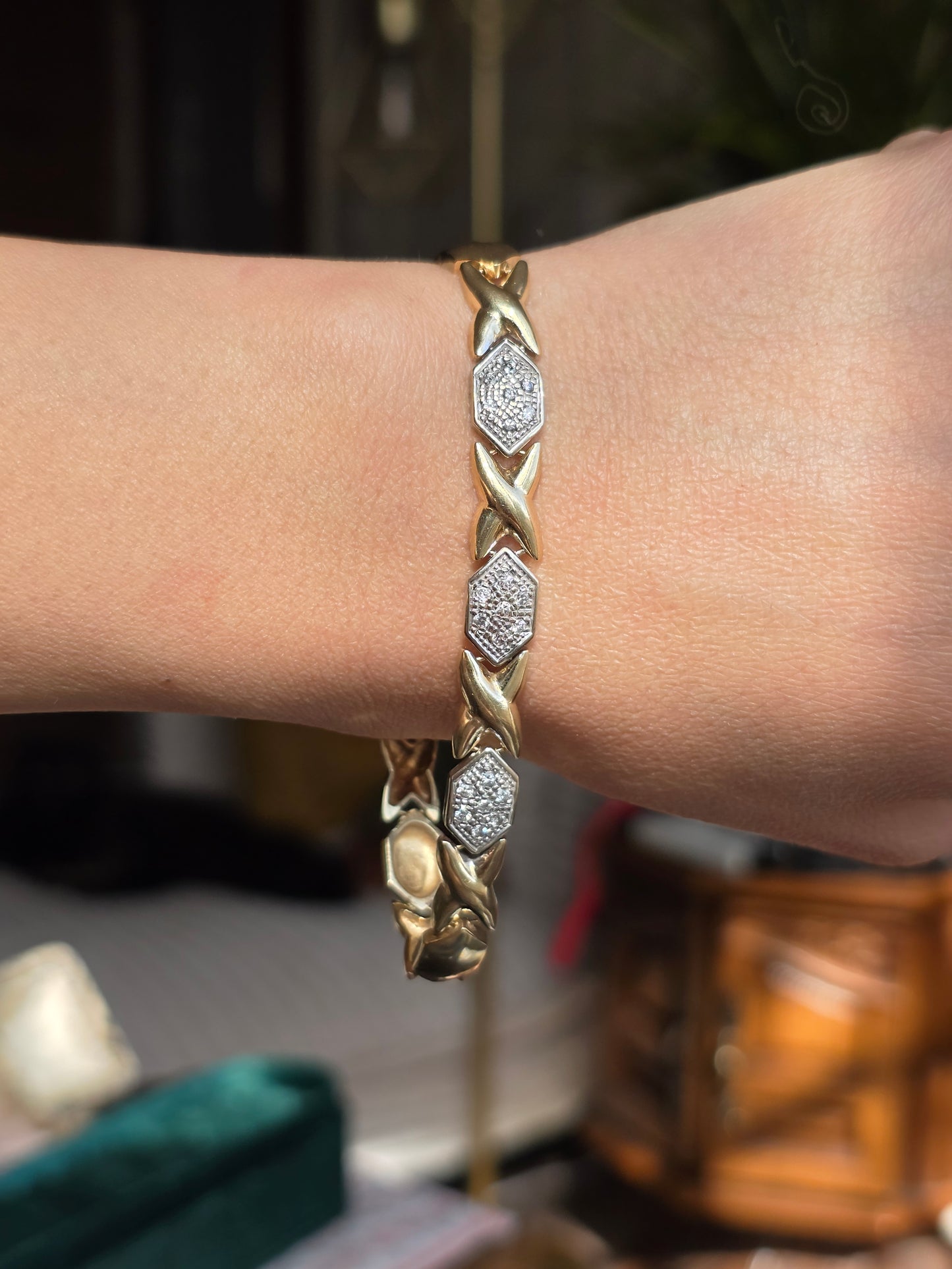 Amazing Two Toned 14k X Link Elongated Hexagon White Gold and Diamond Bracelet 7.5"