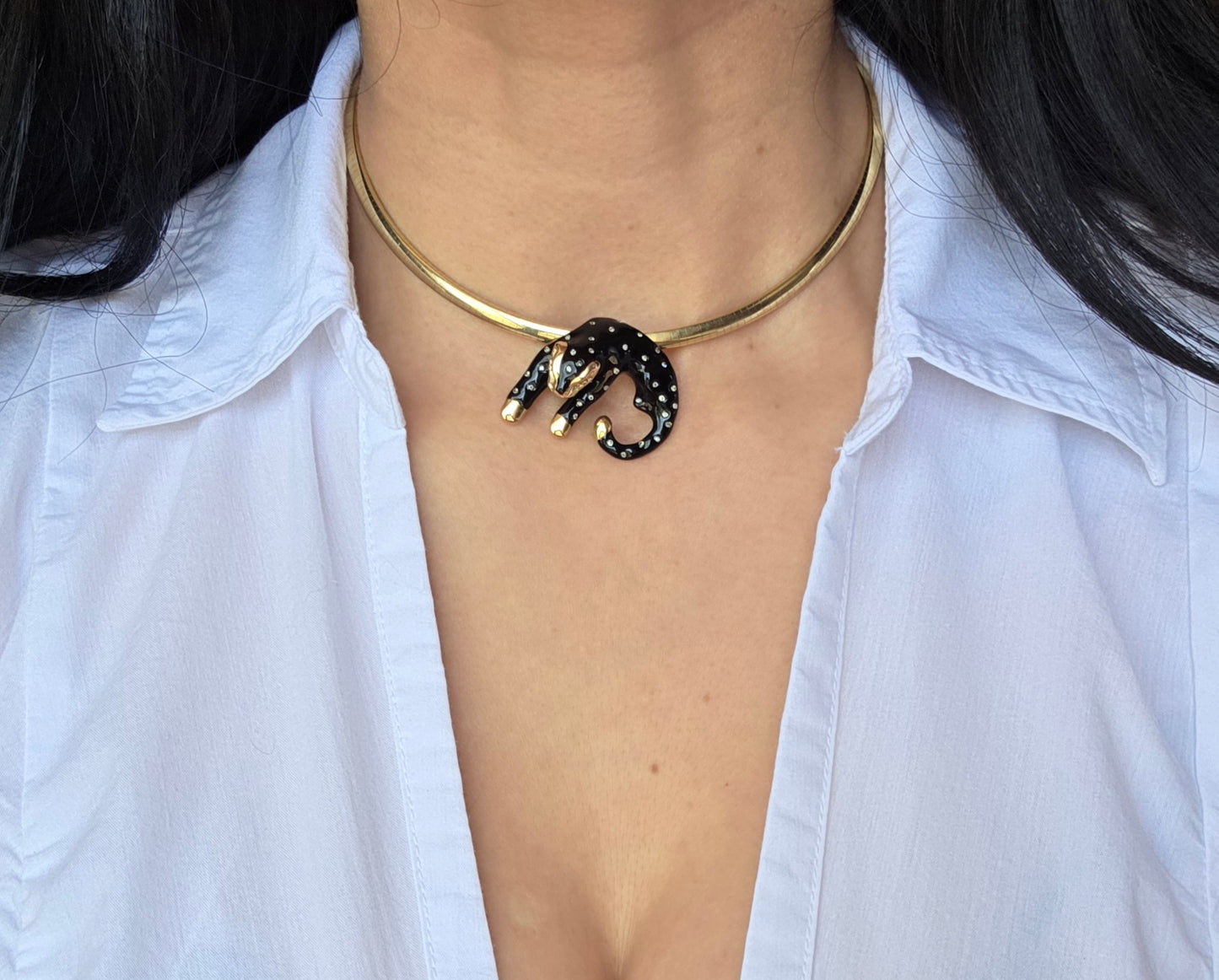 Amazing Black Enamel 14k Gold + White Sapphire /Topaz Panther Slide Pendant (NO CHAIN)