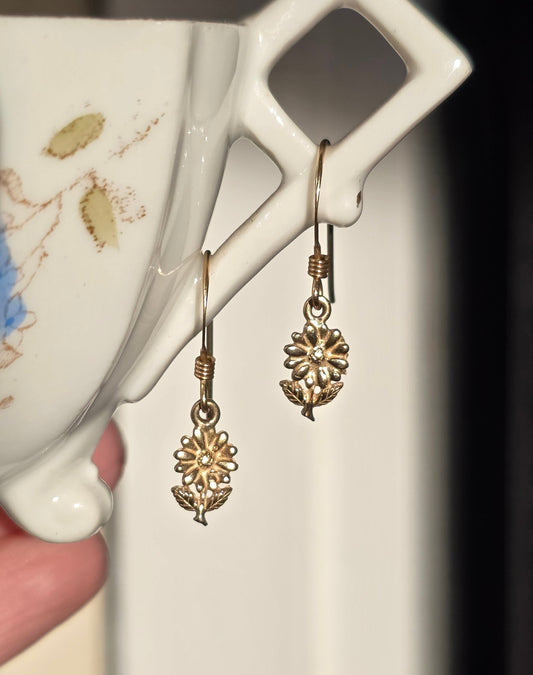 Sweet 14k Gold Sunflower Dainty Drop Dangle Earrings