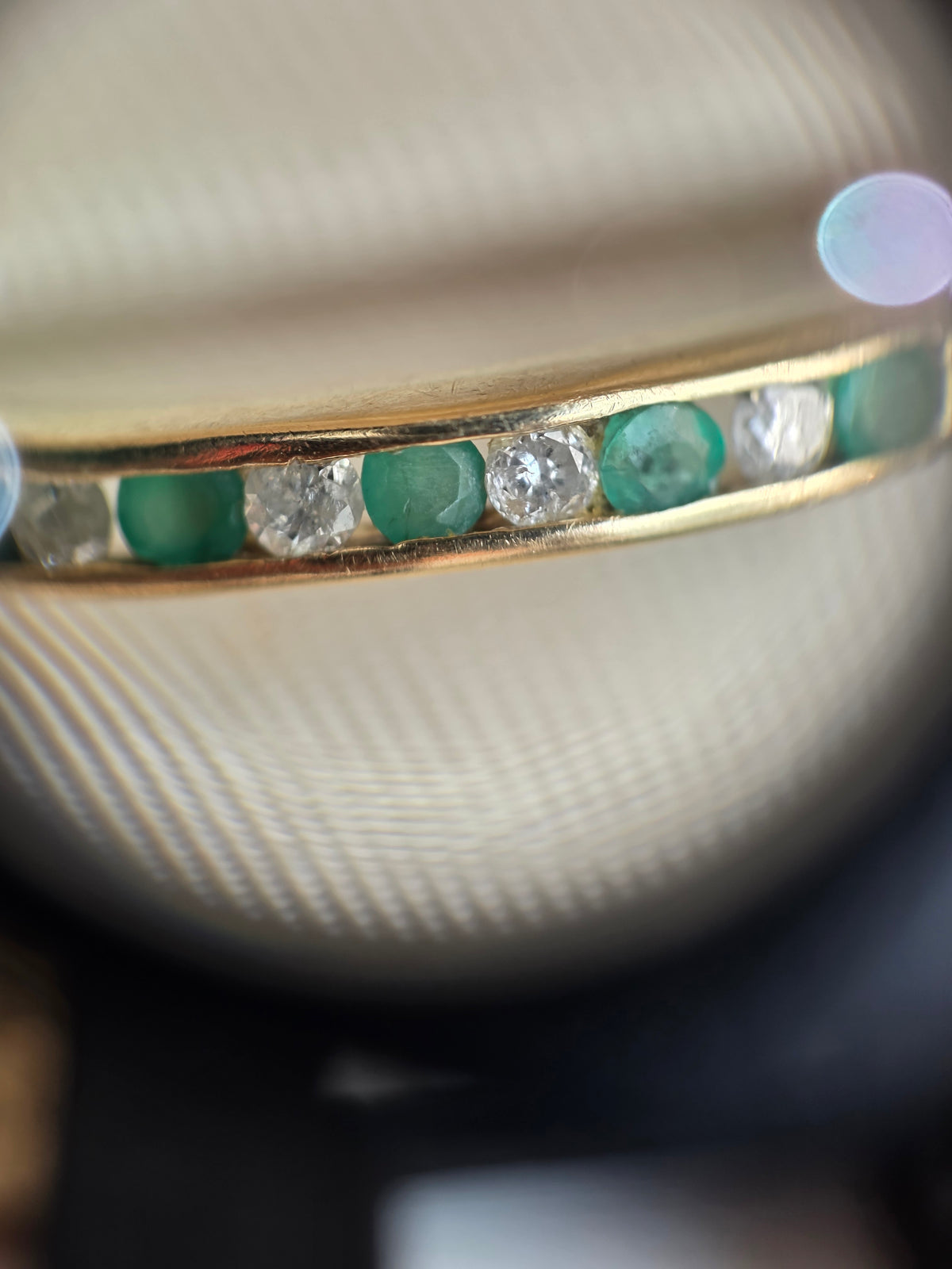 Lovely 10k Gold Channel Set Emerald and Diamond Stacker Band Ring Size 8.75