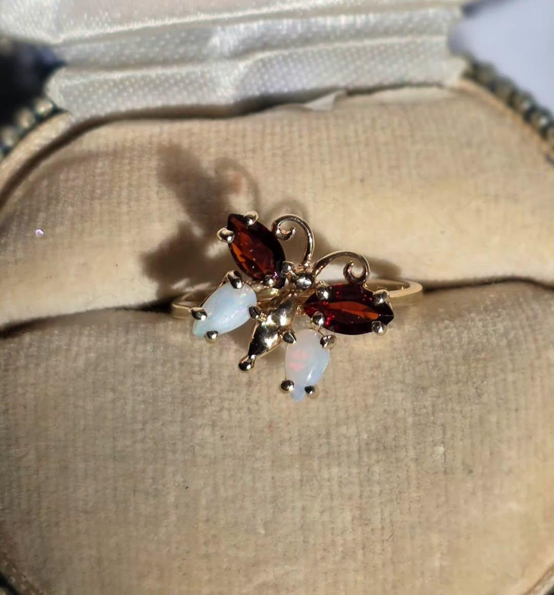 Adorable Garnet and Opal 10k Gold Butterfly Gemstone Ring Size 6