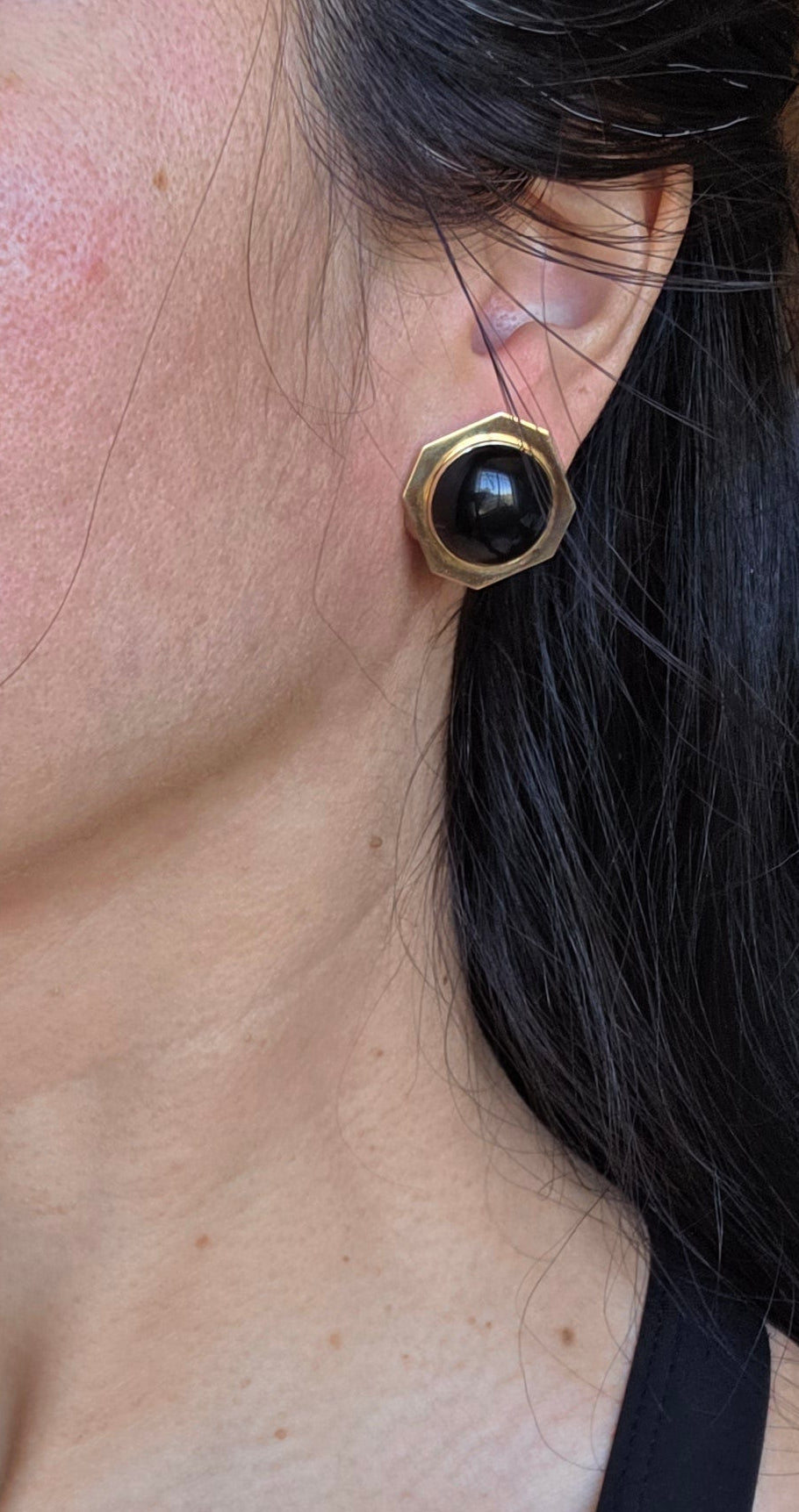 Geometric 14k Gold Onyx Cabochon Statement Button Earrings