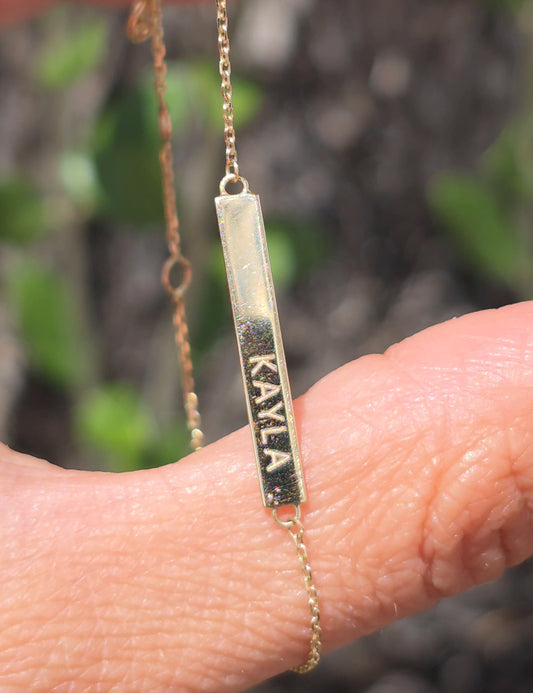 Dainty 14k Gold "KAYLA" Mini ID Bar Name Plate Bracelet Adjustable 7" Biker Chain Link