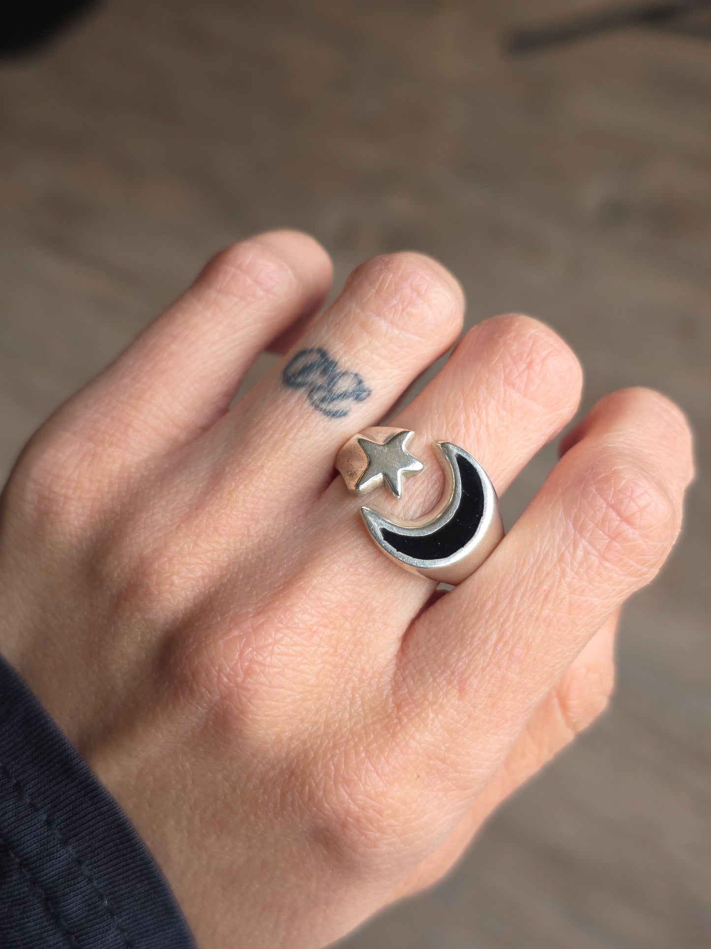 Sterling Silver Black Enamel Crescent Moon and Star Statement Ring Size 10