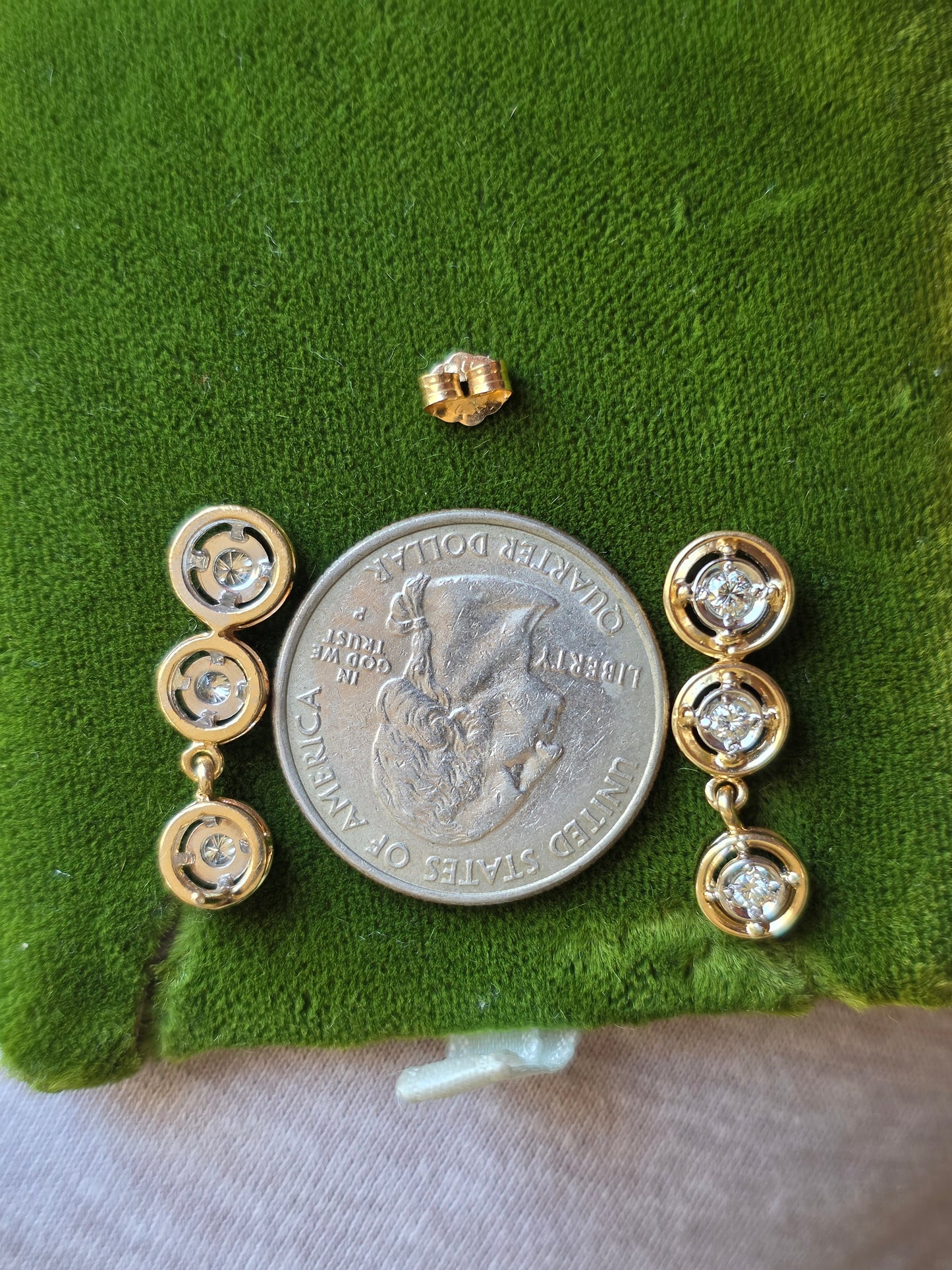 Vintage Inspired 14k Graduated Three Tier Circle Bezel Diamond Drop Dangle Earrings