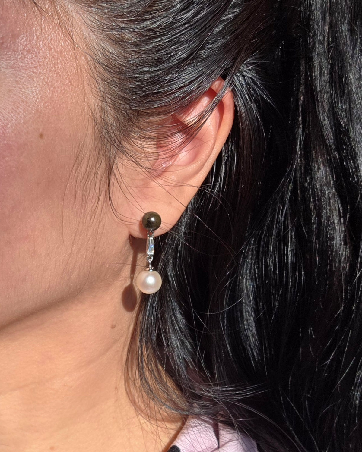 Gorgeous Elegant 14k White Gold Brown + Cream Pearl & Diamond Drop Earrings