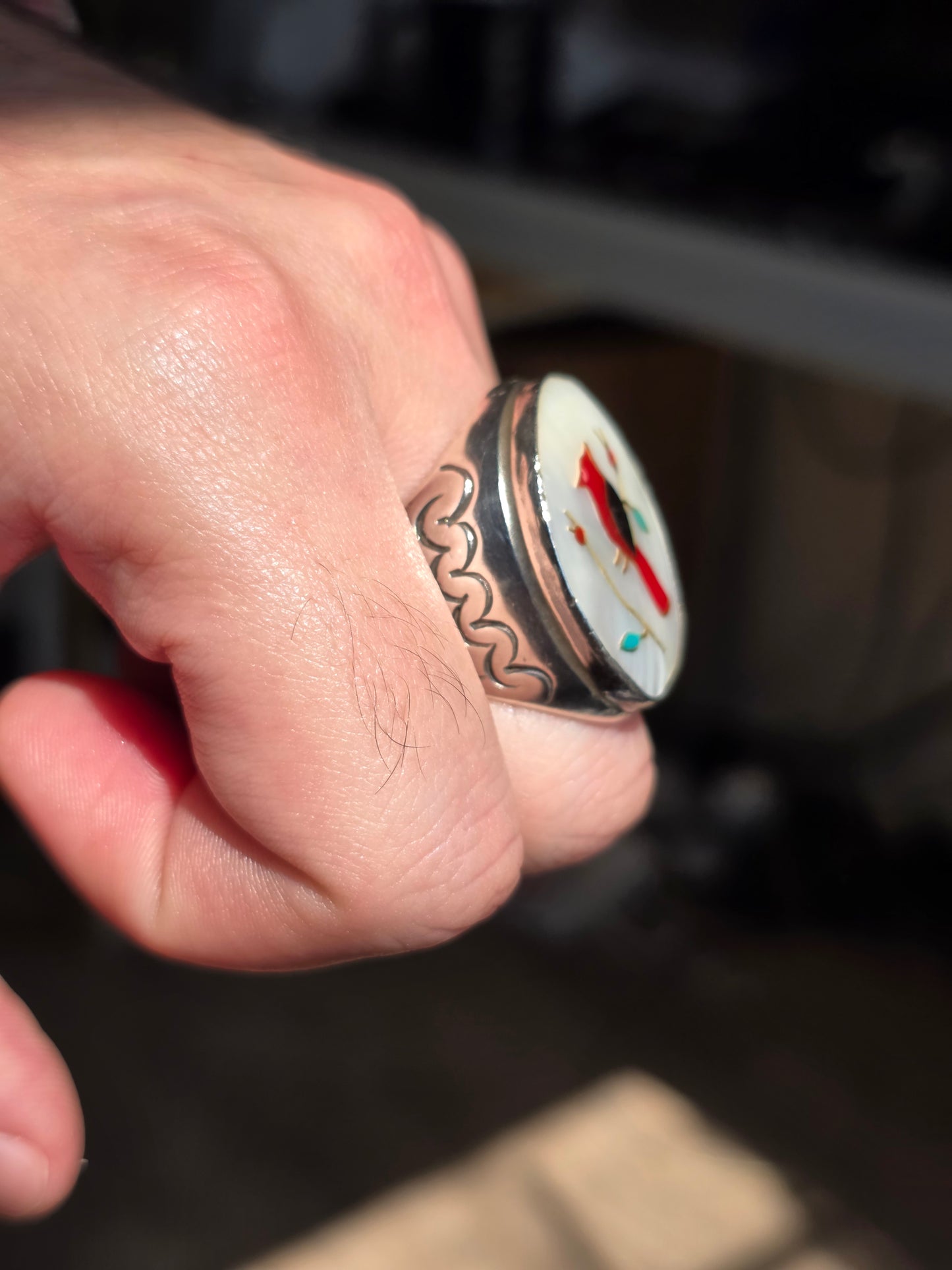 Amazing Solid Sterling Silver Heavy 1 OZ+ Gemstone Inlay Southwestern Style Bird Oval Signet Statement Ring Size 10.5