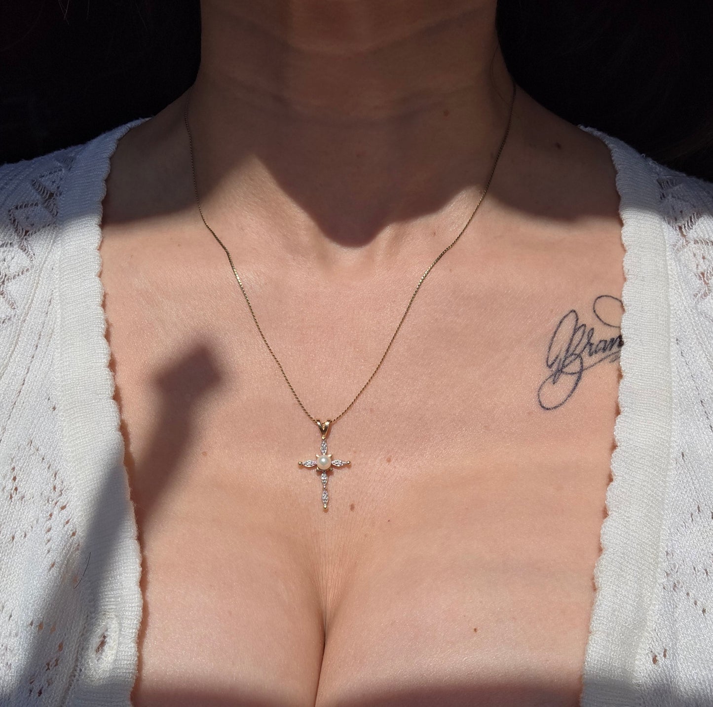 Pretty Pearl and Diamond 14k Gold Cross Pendant (NO CHAIN)