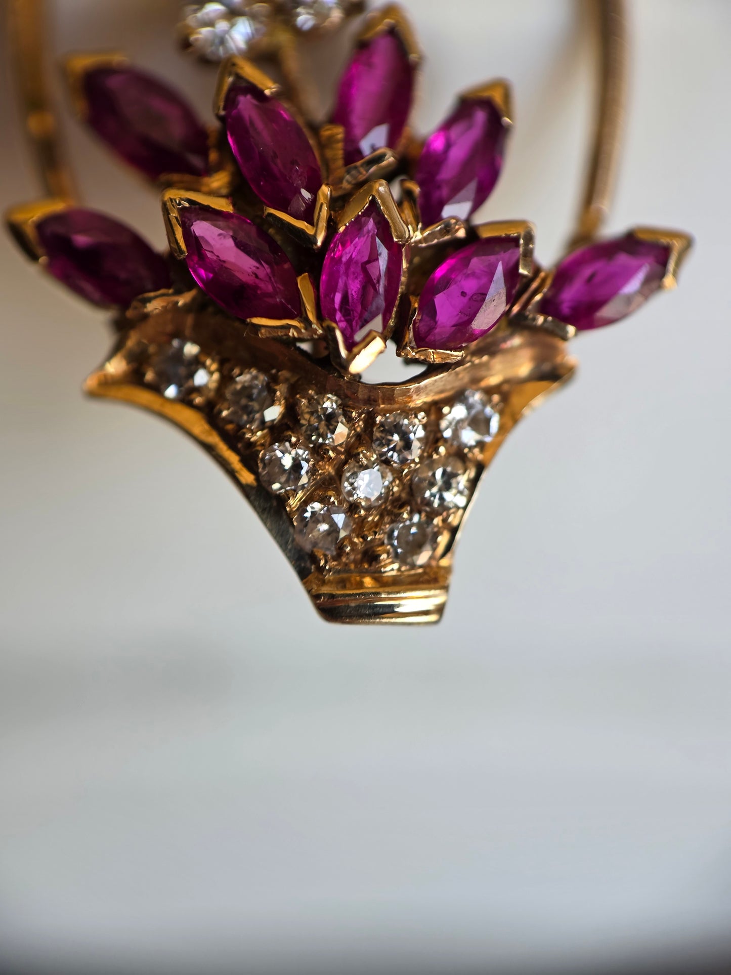Pretty 14k Gold .82TCW Ruby & Diamond Flowers Basket Pendant (NO CHAIN)