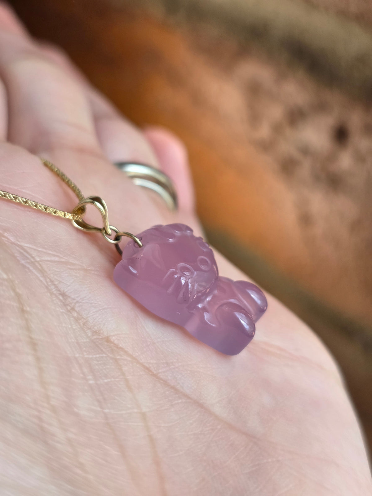 Adorable Carved Purple Jade Hello Kitty Gold Pendant (NO CHAIN)