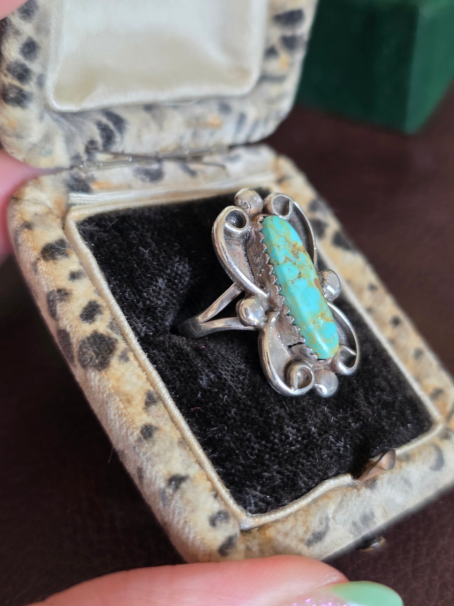 Vintage Navajo Style Signed RB Elongated Royston Turquoise Gemstone Sterling Silver Statement Ring Size 5.5