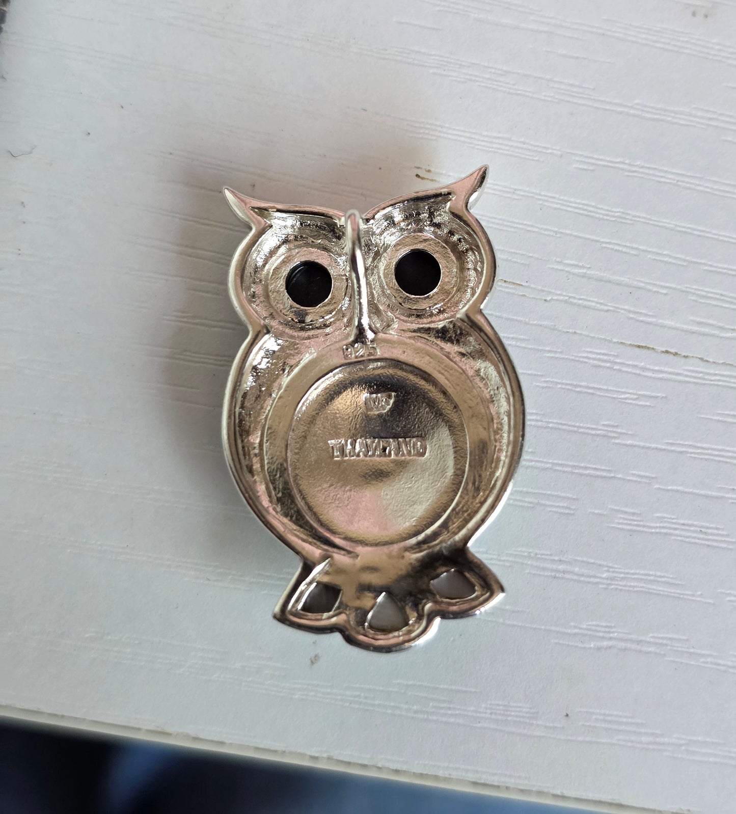 Awesome Solid Sterling Silver Large 1.3" Onyx Pearl Marcasite and Mother of Pearl Inlay Owl Pendant (NO CHAIN)