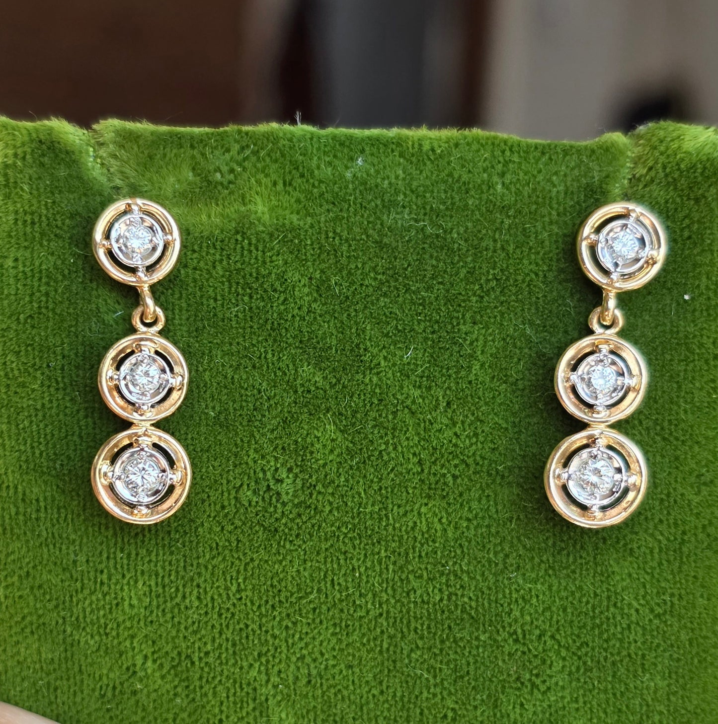 Vintage Inspired 14k Graduated Three Tier Circle Bezel Diamond Drop Dangle Earrings