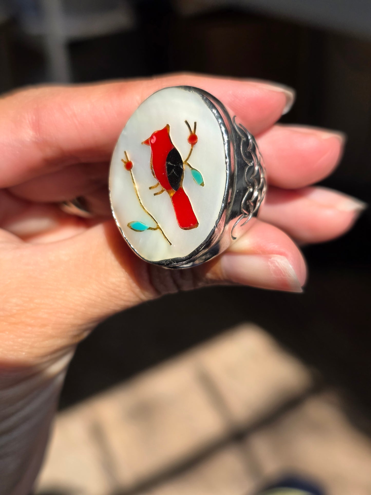 Amazing Solid Sterling Silver Heavy 1 OZ+ Gemstone Inlay Southwestern Style Bird Oval Signet Statement Ring Size 10.5