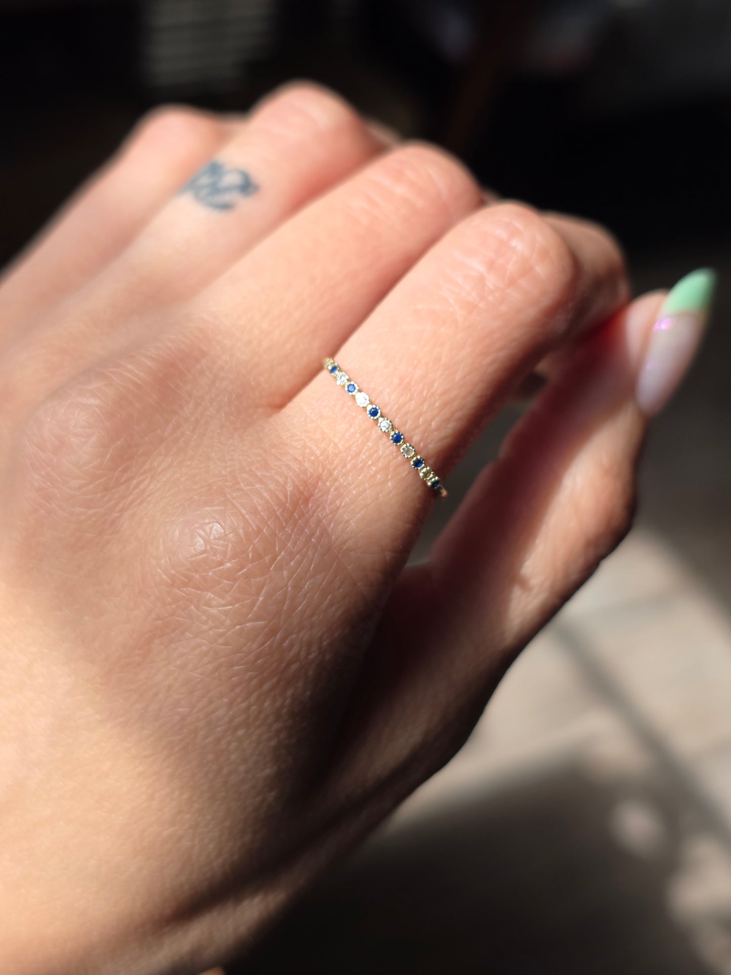 14k Gold Bezel Set Blue Spinel & White Gemstone Dainty Band Stacker Ring Size 6.75