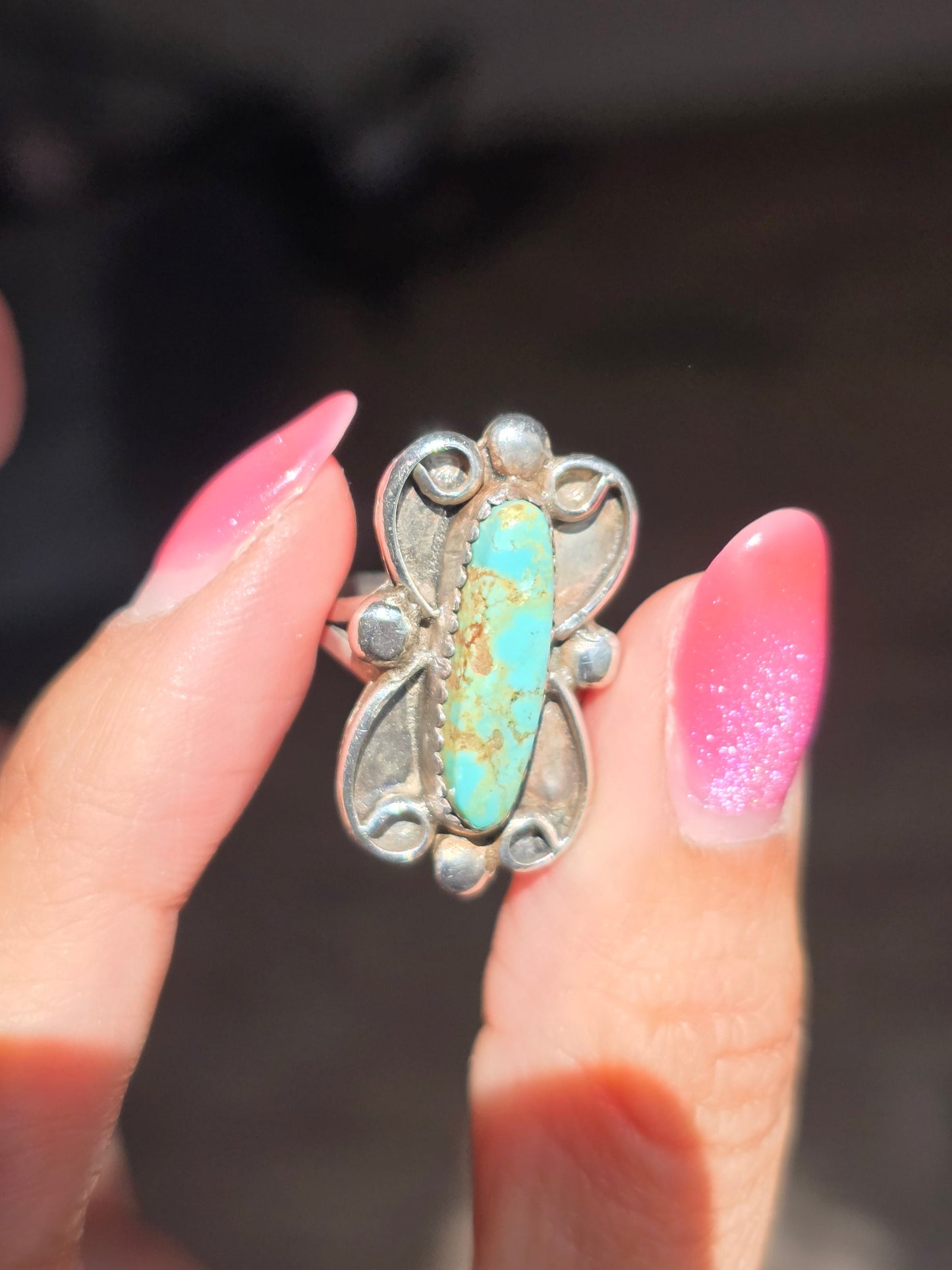 Vintage Navajo Style Signed RB Elongated Royston Turquoise Gemstone Sterling Silver Statement Ring Size 5.5