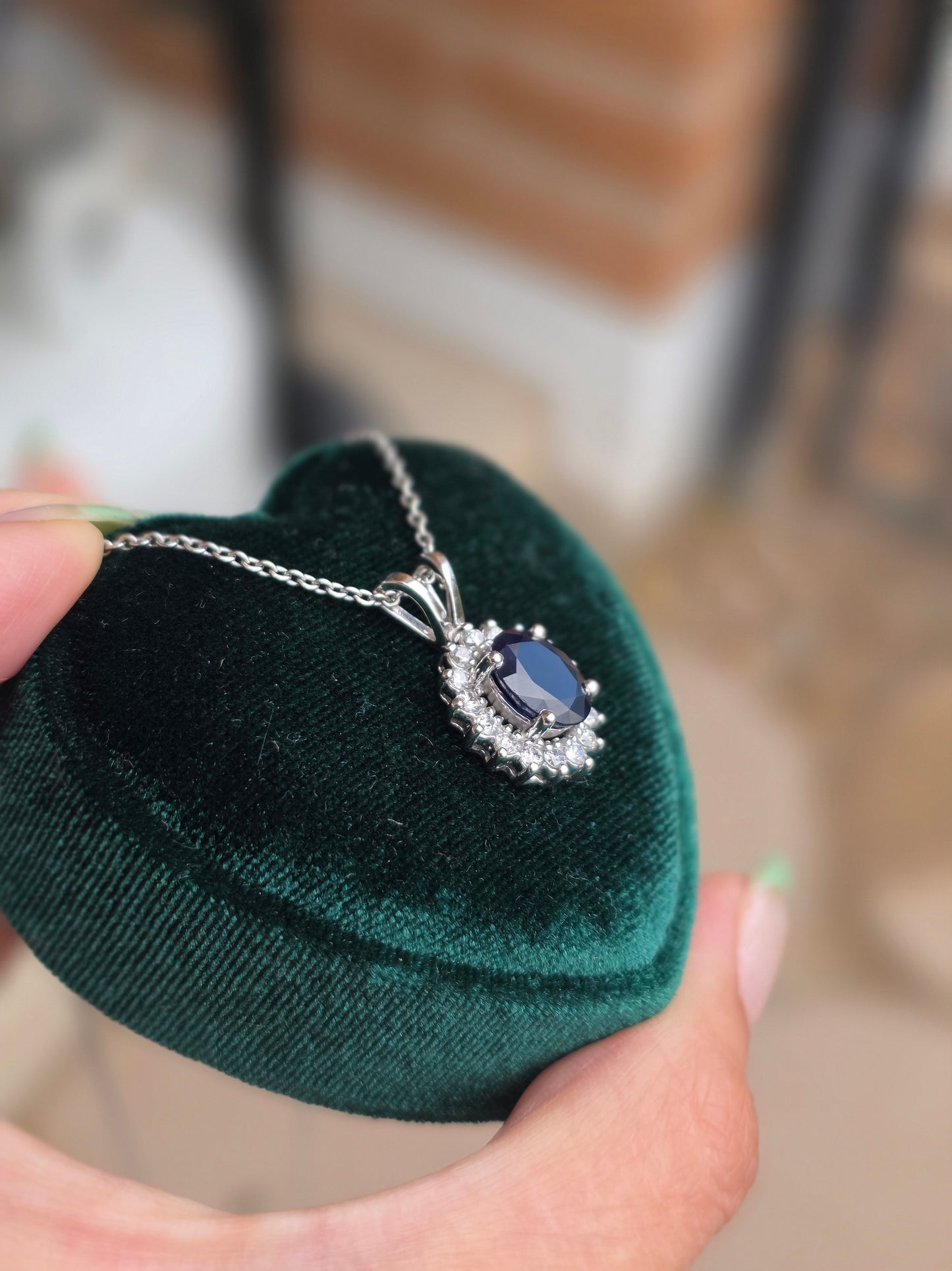 Beautiful 14k White Gold 2.44TCW Dark Blue Sapphire and Diamond Halo Pendant Necklace With 16" Cable Chain