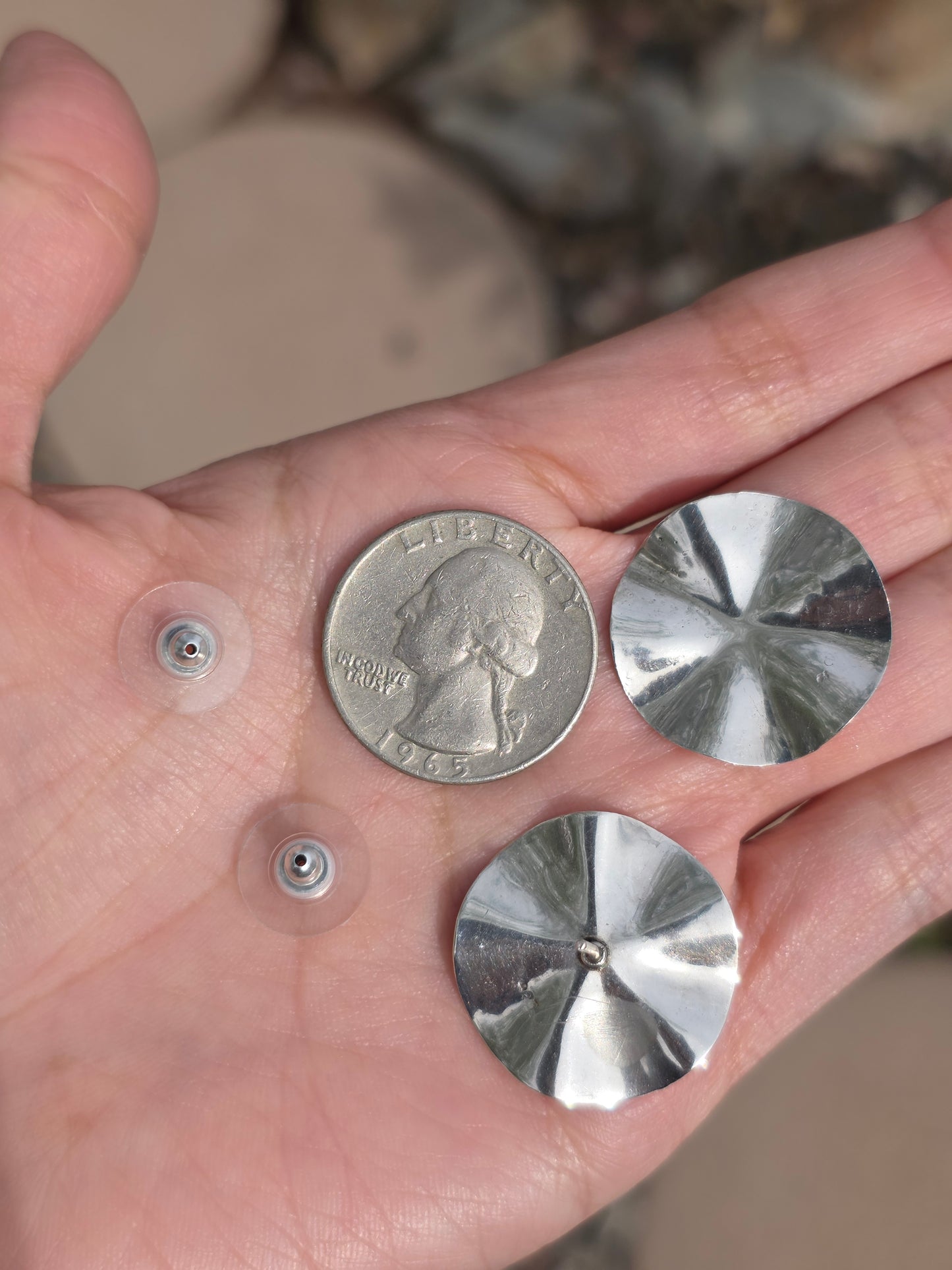 Sterling Silver Round Wavy Disc 24mm Wide Button Stud Statement Earrings