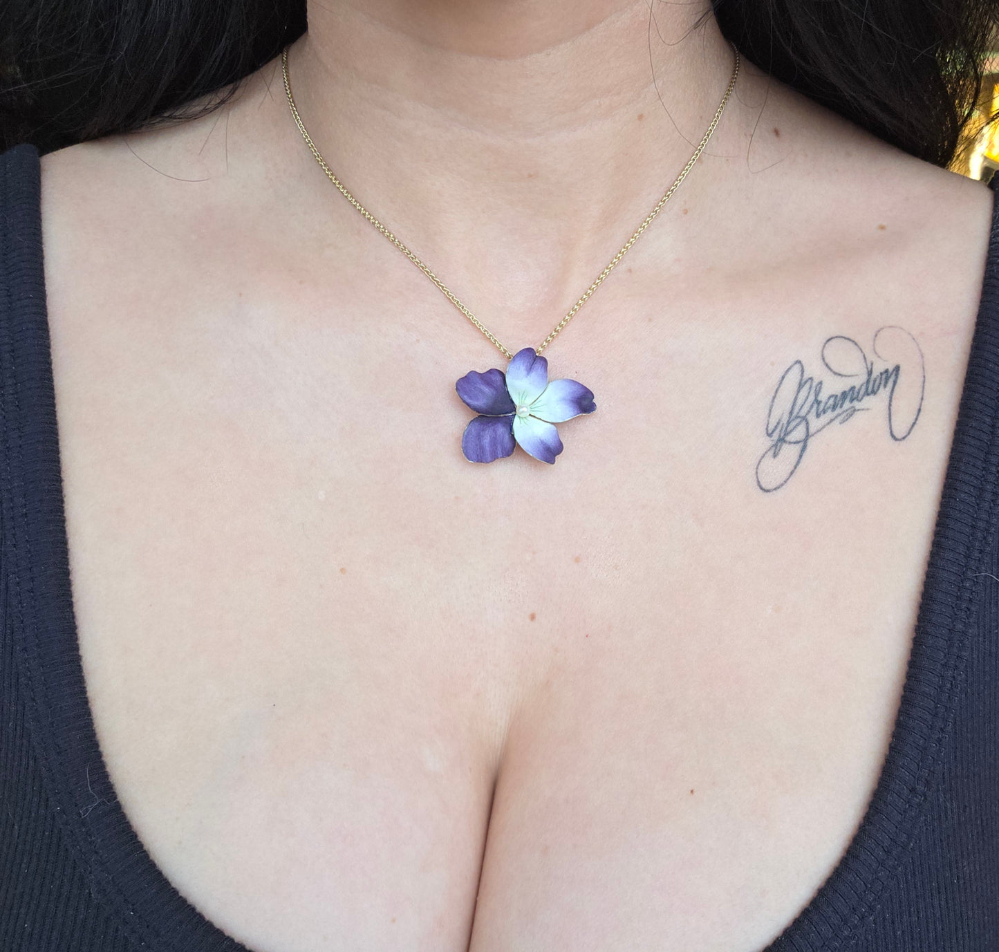 Gorgeous Violet & White Enamel 14k Gold Pearl Flower Slider Pendant (NO CHAIN)