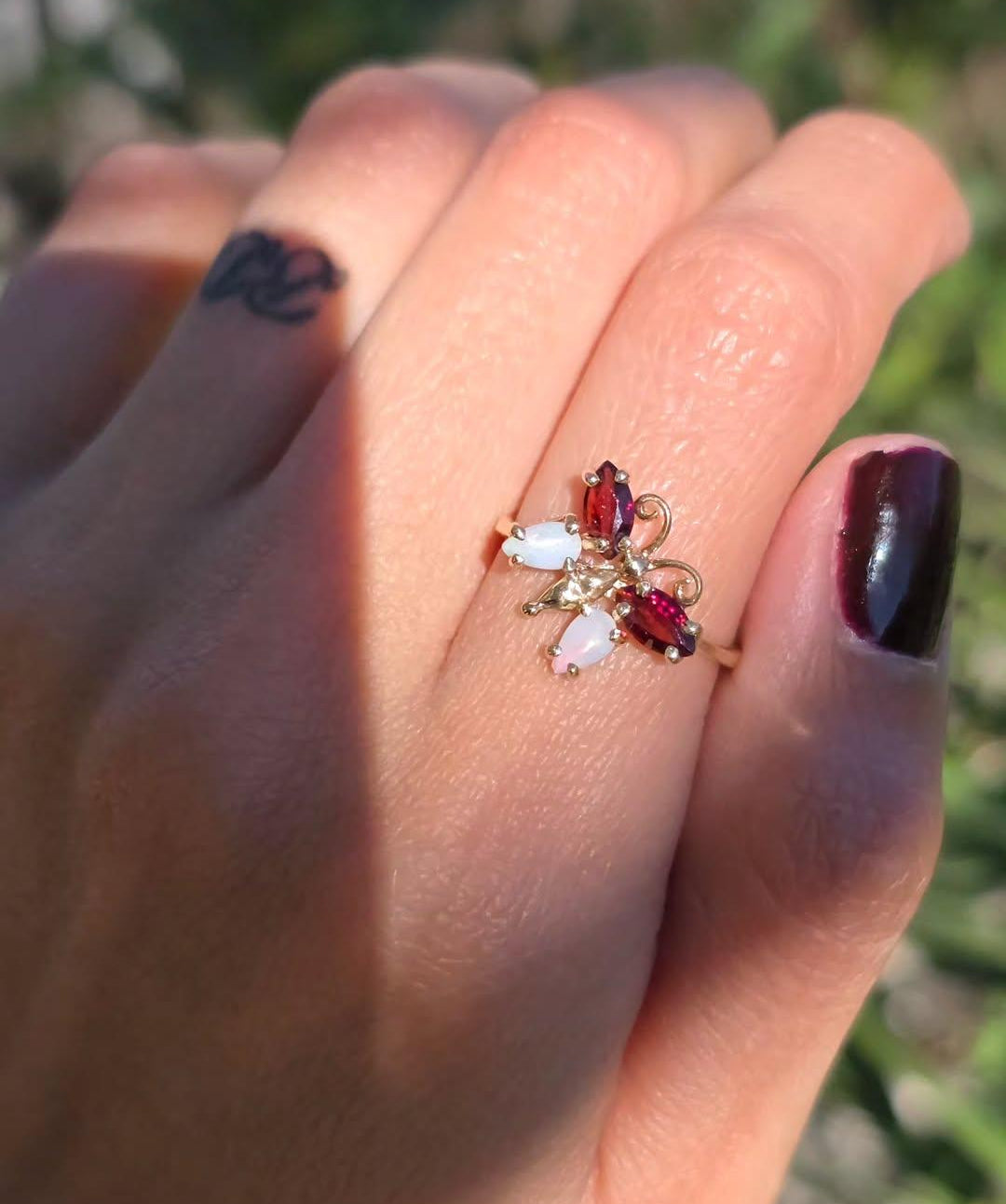 Adorable Garnet and Opal 10k Gold Butterfly Gemstone Ring Size 6