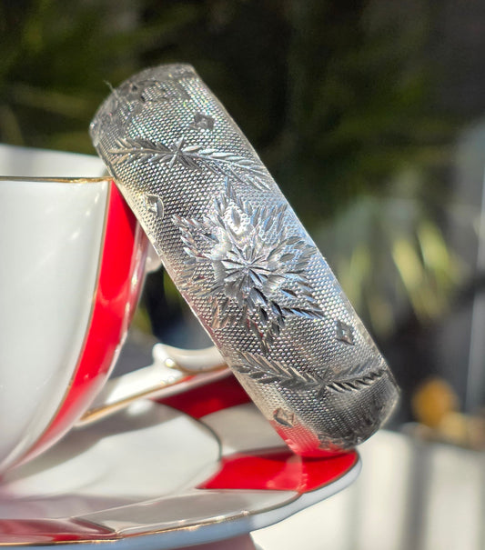 Solid Sterling Silver Snowflake Carved Large Bangle